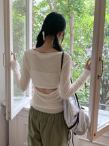 オープンバックシースルースリムVネックロングスリーブTシャツ