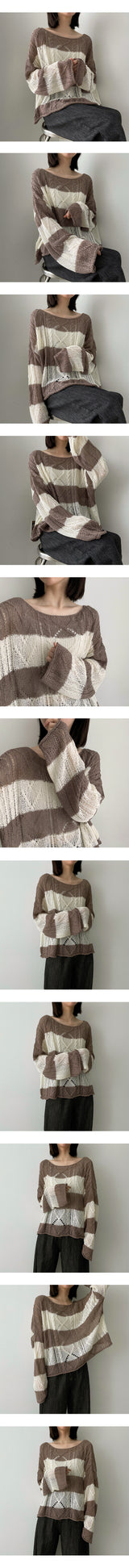オペルストライプリップネックニットウェア/Opel Striped Lip Neck Knitwear