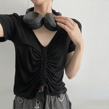 ロールノーズリングプリーツシャーリング半袖Tシャツ / Roll nose ring pleated shirring short sleeve T-shirt