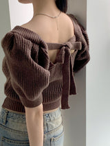 ロミエンパフスクエアバックリボン半袖ニット / Romien Puff Square Back Ribbon Short-Sleeved Knit