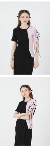 スリットリボンハーフスリーブTシャツ / Slit Ribbon Half-Sleeve T-shirt Pink
