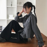 Sahiビンテージストライプポケットクロップ長袖シャツ