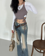 It's soft. A long-sleeved cropped shirt