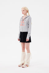 (X) WITTY BUNNY SPLIT GRAPHIC CROP HOODIE ZIP UP [MELANGE GRAY]