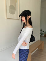 Iku striped button slit off-shoulder long sleeve T-shirt