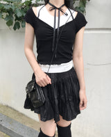 romantic lovely ribbon choker frill ribbed T-shirt