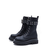 Buckle Lace-Up Short Walker Boots(Black)
