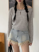 フリンジアンバランスデニムショートパンツ / Kaichi Fringe Unbalanced Light Blue Denim Shorts Pants