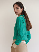 BUTTON COLLAR CABLE CARDIGAN GREEN
