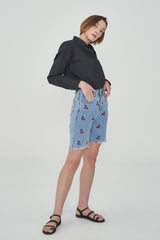 ストレートフィットチェリー刺繡クロップドデニムパンツ/ STRAIGHT FIT CHERRY EMBROIDERY CROPPED DENIM PANTS [6811]