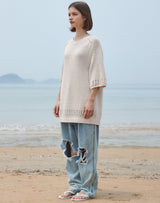 オーバーサイズ フィッシュネット ディテール SS スウェット / OVERSIZED FISHNET DETAIL SS SWEATER IVORY