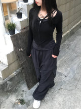 ユニークV-ストラップジッパースリムTシャツ