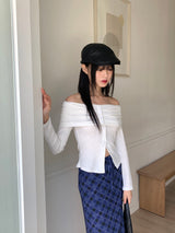 Iku striped button slit off-shoulder long sleeve T-shirt