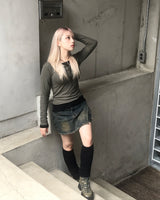 vintage layered unbalanced cargo denim pantskirt