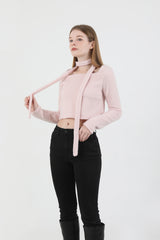 Square Neck Fur Knit T-shirt Muffler Set Pink