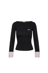 Boat Neck Two-Tone Long Sleeve Top (BLACKPINK)