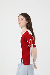 スリットリボンハーフスリーブTシャツ / Slit Ribbon Half-Sleeve T-shirt Red