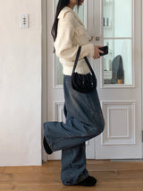 Pector Western Stud Embroidery Washed Long Wide Denim Pants