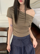 オフショルダーシャーリングプリーツクロップ半袖Tシャツ/Cabo Off-Shoulder Shirring Pleated Cropped Short-Sleeved T-Shirt