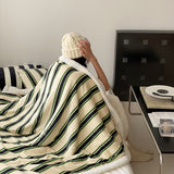 Retro stripe microfiber lamb fleece blanket - 100x150cm - Green