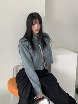 ピバーツノーカラーツーウェイジップクロップドデニムジャケット/ Peeverts no-collar two-way zip cropped denim jacket
