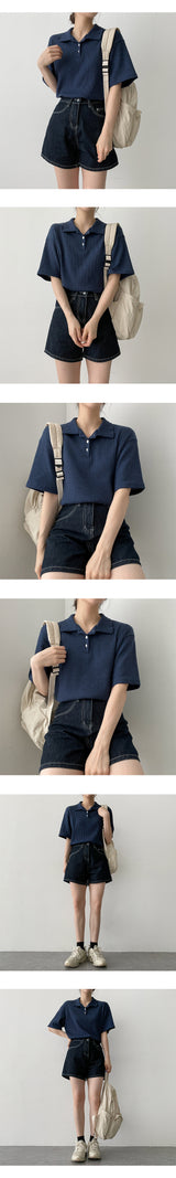 アップルVネックカラーニットウェアショートスリーブT / Apple V-Neck Collar Knitwear Short Sleeve Tee