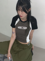 Nicyu Raglan Side Shirring String Lettering Cropped Short-Sleeved T-Shirt