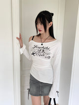 ポッピングアンカットオフショルダーストラップバックスリット長袖Tシャツ