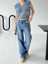 カラーマッチングカットブラッシュデニムパンツ/no.1792 color matching cat brush denim pants