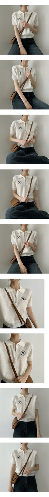 エンブロイダリーバンディングジップアップショートスリーブ ニットウェア / WM embroidery banding zip-up short-sleeved knitwear