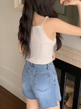 Thin and Fit Cut Capri Slit Denim Pants (2color)