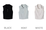 TOP(9354) Collar Half Zip Up Crop Sleeveless