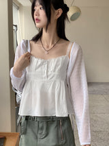 ブレナハートストラップボタンレースクロップドノースリーブブラウス / Blena Heart Strap Button Lace Cropped Sleeveless Blouse