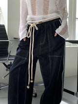 デューパーステッチカラーマッチングロープベルトロングワイドデニムパンツ / Duper stitch color matching rope belt long wide denim pants