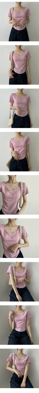 レミススパンデックスラウンドボタンスリーブTシャツ / Remiss Spandex Round Button Short-Sleeved T-Shirt