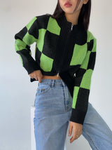 グリーンチェックニットジップアップ/green check knit zip-up