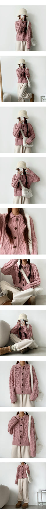 Wooden buttons Twisted collar knit cardigan