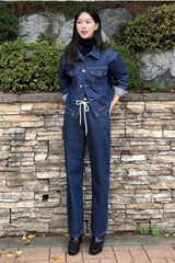 セミワイドフィットストリングポイントダークデニムパンツ/JEON SO MIN SEMI-WIDE FIT STRING POINT DARK DENIM PANTS [17708]