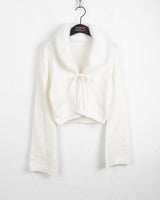 Kime collar fur ribbon string long sleeve cardigan