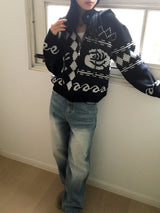 Beorose jacquard pattern hooded knit zip-up