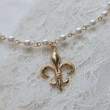 Fleur De Lis Pearl Choker Necklace  - Gold