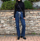 セミワイドフィットストリングポイントダークデニムパンツ/JEON SO MIN SEMI-WIDE FIT STRING POINT DARK DENIM PANTS [17708]