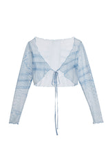 デニムプリントシースルーカーディガン / DENIM PRINTED SEE-THROUGH CARDIGAN (BLUE)