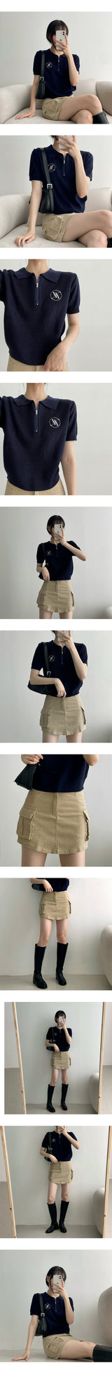 エンブロイダリーバンディングジップアップショートスリーブ ニットウェア / WM embroidery banding zip-up short-sleeved knitwear