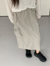 コットンポケットカーゴストリングバックオープンバンディングロングスカート /Mark cotton pocket cargo string back open banding long skirt