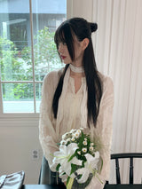 Glo wedding guest look lace pleated string long sleeve blouse