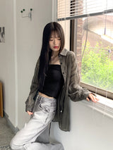Hilchi See-Through Check Boxy Oversize Fit Long-Sleeved Shirt