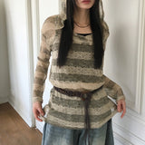ニオンシースルーストライプフード付き長袖ニット