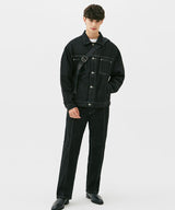 WASHING STITCH DENIM JACKET (BLACK) (6585252053110)