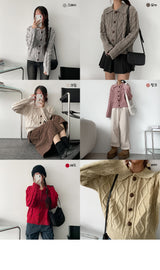 Wooden buttons Twisted collar knit cardigan